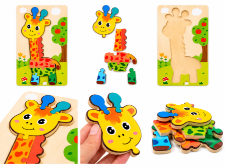 Puzzle din Lemn 3D cu Piese Groase, Girafă - 3 ani + [1]