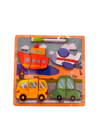 Jucarii educative - Puzzle din lemn 3D mijloace de transport + tablita de desen cu marker – 16 piese
