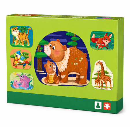 Puzzle & Jocuri de Logica - Puzzle educativ cu animale sălbatice – set progresiv cu 5 modele colorate