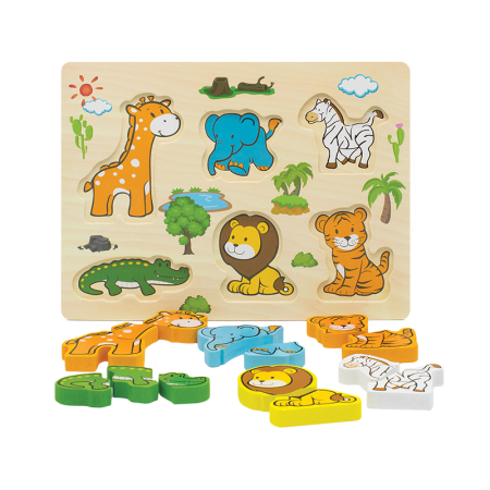 Jucarii din Lemn Natural - Puzzle educativ din lemn 3D cu animale sălbatice