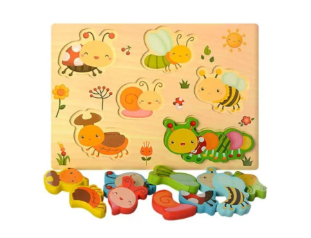 Jucarii din Lemn Natural - Puzzle educativ din lemn 3D cu insecte pentru copii
