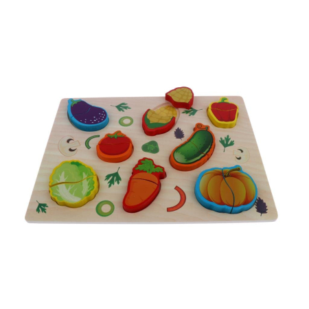 Jucarii din Lemn Natural - Puzzle educativ din lemn 3D cu legume pentru copii
