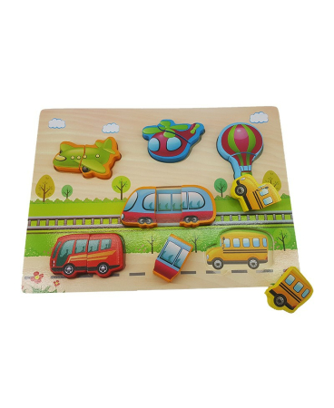 Jucarii din Lemn Natural - Puzzle educativ din lemn 3D cu vehicule transport