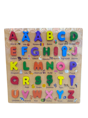 Jucarii educative - Puzzle educativ din lemn cu alfabet (litere mari, ilustrații și cuvinte)