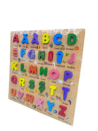 Puzzle educativ din lemn cu alfabet (litere mari, ilustrații și cuvinte) [2]