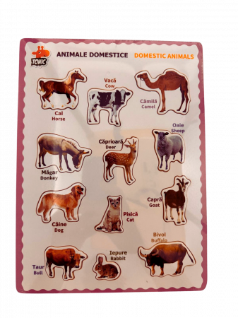Jucarii educative - Puzzle educativ din lemn cu animale domestice - denumiri in romana si engleza, stil Montessori
