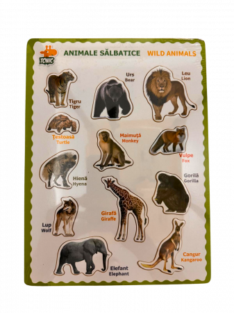 Jucarii educative - Puzzle educativ din lemn cu animale salbatice - denumiri in romana si engleza, stil Montessori