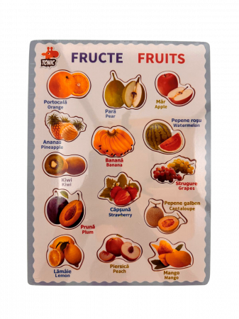 Jucarii educative - Puzzle educativ din lemn cu fructe - denumiri in romana si engleza, stil Montessori