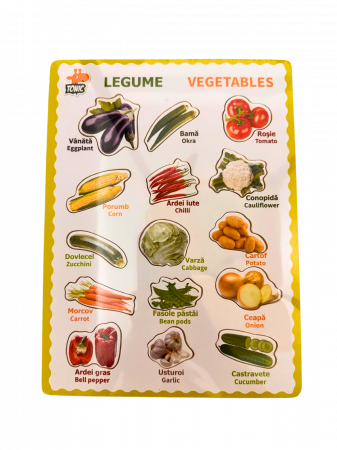 Jucarii educative - Puzzle educativ din lemn cu legume- denumiri in romana si engleza, stil Montessori
