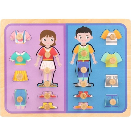 Jucarii Interactive & Sensoriale - Puzzle educativ din lemn „Îmbracă copiii” cu butoni și haine interschimbabile
