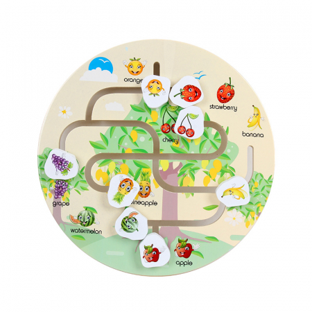 Jucarii sub 50 lei - Puzzle labirint 3D din lemn – Fructe educative | ZukiToys.ro