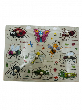 Jucarii educative - Puzzle lemn incastru “Insecte” 10 piese cu maner – in limba romana