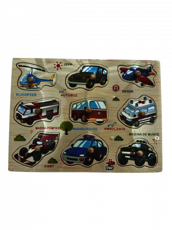 Jucarii educative - Puzzle lemn incastru “Vehicule” 9 piese cu maner – in limba romana
