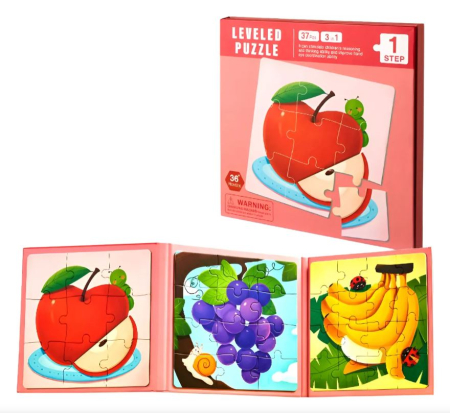 Toate Jucariile pentru Copii - Puzzle magnetic tip carte 3 în 1 – modele fructe cu 9, 12, 16 piese