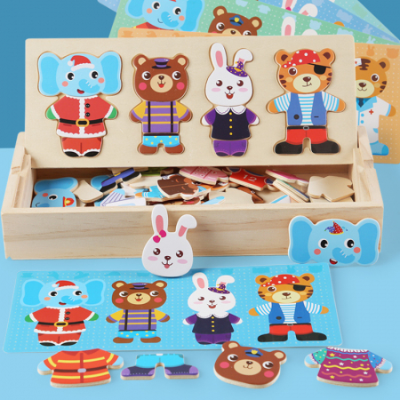 Puzzle Montessori din lemn - Asociere vestimentatie animale, 4 personaje (urs, iepure, elefant, tigru) [1]