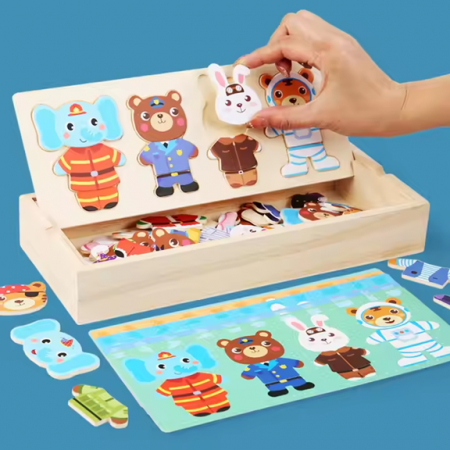 Puzzle Montessori din lemn - Asociere vestimentatie animale, 4 personaje (urs, iepure, elefant, tigru) [3]