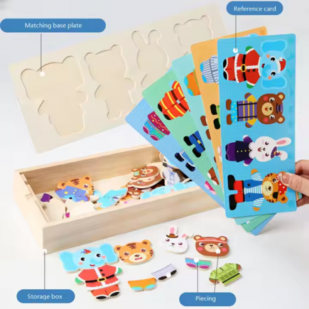 Puzzle Montessori din lemn - Asociere vestimentatie animale, 4 personaje (urs, iepure, elefant, tigru) [4]