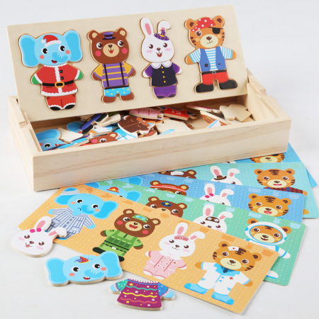 Jucarii educative - Puzzle Montessori din lemn - Asociere vestimentatie animale, 4 personaje (urs, iepure, elefant, tigru)