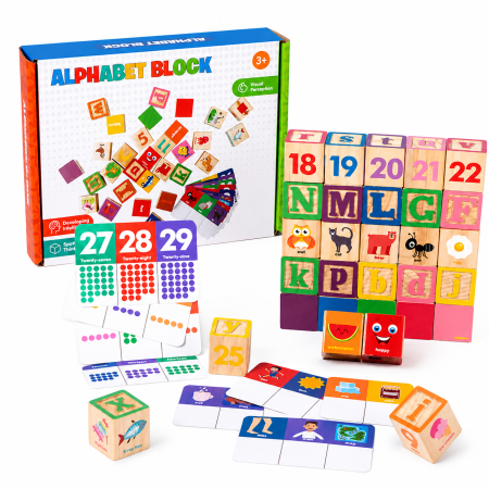Jucarii Interactive & Sensoriale - Puzzle Montessori din lemn cu literele alfabetului și potrivire forme