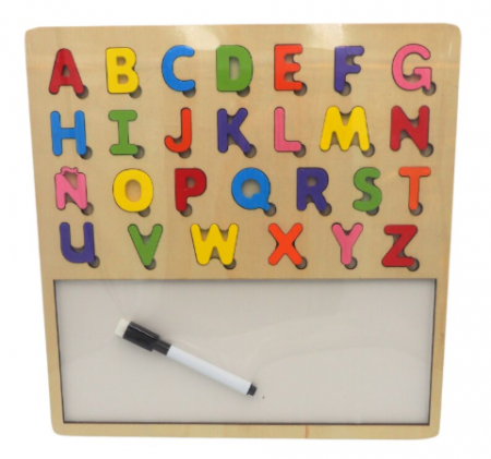 Jucarii sub 50 lei - Puzzle‐tablă din lemn cu litere și desenare – Montessori 28 de piese | ZukiToys.ro