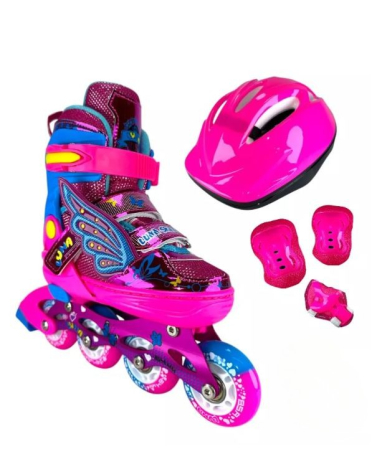 Role si Skateboard - Role copii reglabile 2 în 1 convertibile – Quad & Inline cu protecții - Roz