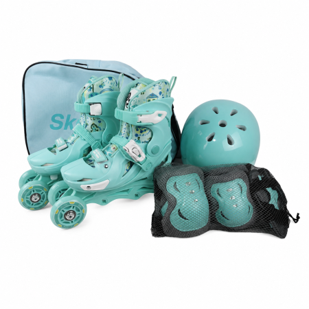 Role si Skateboard - Role reglabile 2 în 1 cu protecții complete ( mărime M ) - Model Panda Turquoise
