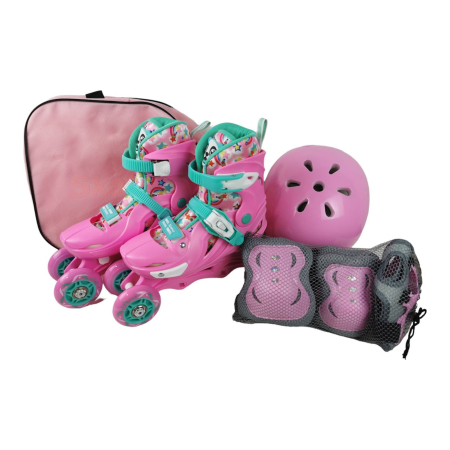 Role si Skateboard - Role reglabile 2 în 1 cu protecții complete ( mărime S )  - Model Panda Pink