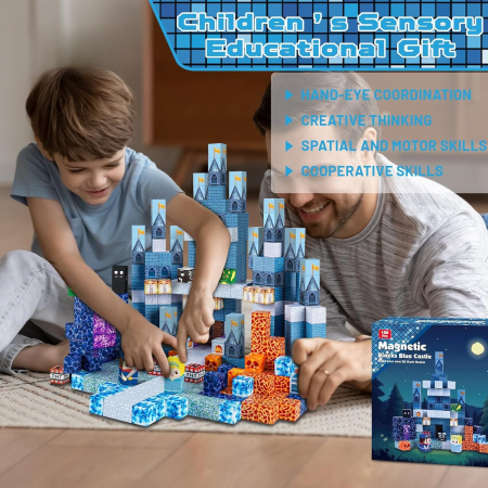 Set 100 piese magnetice de construcție – Minecraft Blocks Blue Castle [2]