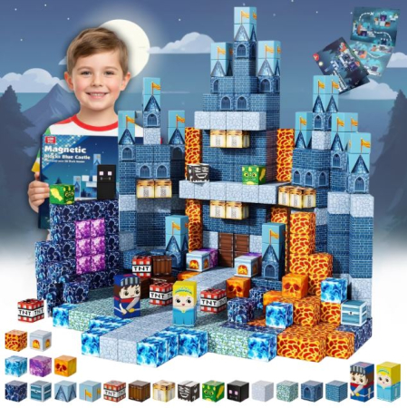 Jocuri de Constructie & Asamblare - Set 200 piese magnetice de construcție – Minecraft Blocks Blue Castle