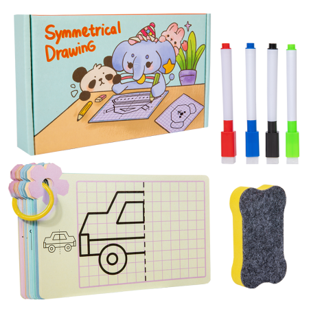 Jucarii Interactive & Sensoriale - Set 24 planșe reutilizabile pentru desen simetric în oglindă, cu 3 carioci lavabile și burete de șters