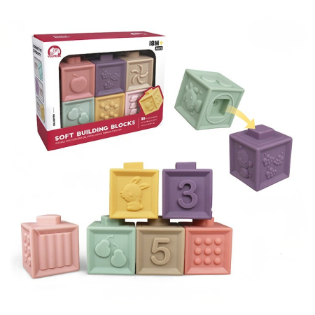 Toate Jucariile pentru Copii - Set 6 cuburi senzoriale moi din silicon pentru bebeluși, interactive, gingivale