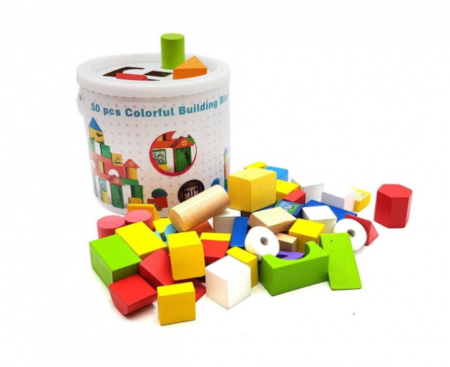 Jucarii de lemn - Set construcție din lemn 50 piese – joacă creativă pentru copii 3+