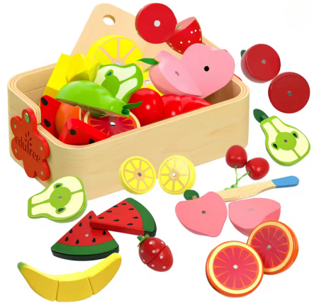 Jucarii pentru Bebe (0–2 ani) - Set coș cu tocător și fructe – jucărie din lemn cu stickere