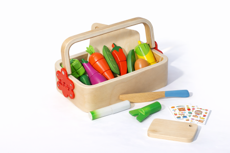 Jucarii pentru Bebe (0–2 ani) - Set coș cu tocător și legume – jucărie din lemn cu stickere