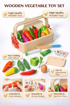 Set coș cu tocător și legume – jucărie din lemn cu stickere [2]