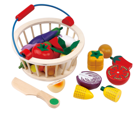 Cadouri dupa Buget - Set coș de legume de feliat din lemn – jucărie educativă de bucătărie pentru copii