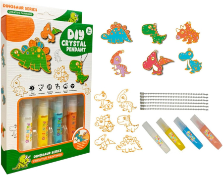 Jucarii Interactive & Sensoriale - Set creativ Dino Art pentru copii – Pandantive cu cristale și dinozauri de colorat