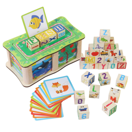 Jucarii din Lemn Natural - Set cuburi educaționale Montessori din lemn- joc de formare a cuvintelor