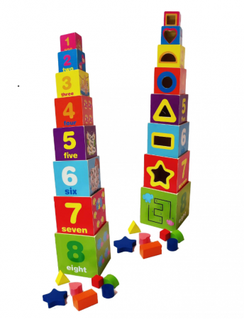 Jucarii educative - Set cuburi educative din lemn Montessori – blocuri colorate pentru construit, invatare forme si creativitate