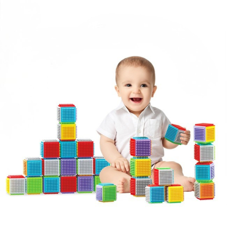 Jucarii pentru Bebe (0–2 ani) - Set cuburi senzoriale Montessori pentru bebeluși cu texturi, culori și funcții de stivuire