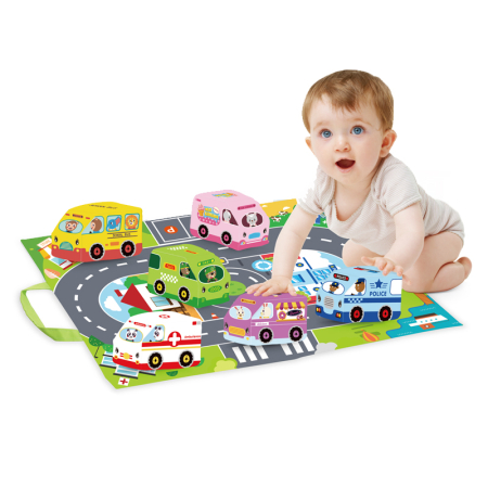Jucarii pentru Bebe (0–2 ani) - Set de 6 mașinuțe textile pentru bebeluși cu covoraș de joacă 31 × 25 cm