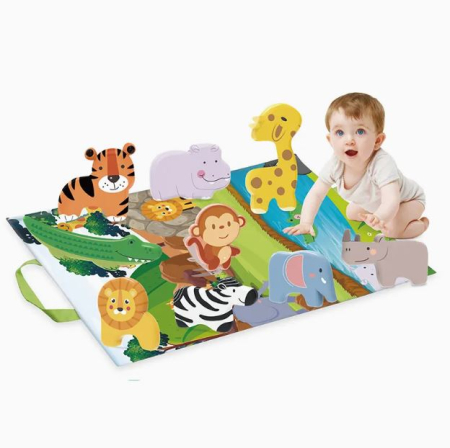Jucarii pentru Bebe (0–2 ani) - Set de joacă pentru bebeluși cu covoraș textil și 9 animăluțe moi interactive