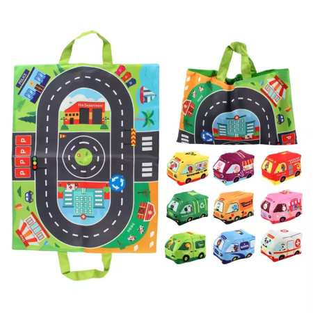 Jucarii pentru Bebe (0–2 ani) - Set de 9 mașinuțe textile pentru bebeluși cu covoraș de joacă 31 × 25 cm