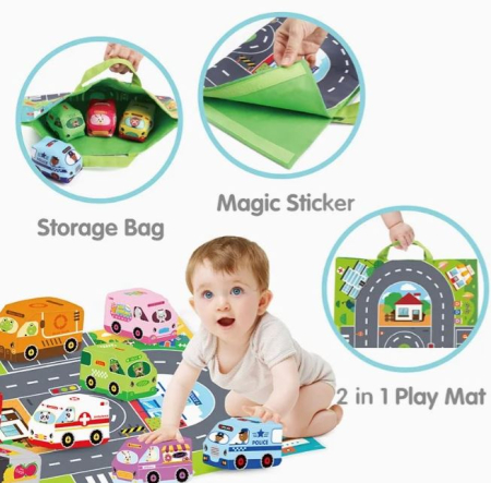 Set de 3 mașinuțe textile pentru bebeluși cu covoraș de joacă 46 × 27 cm [1]
