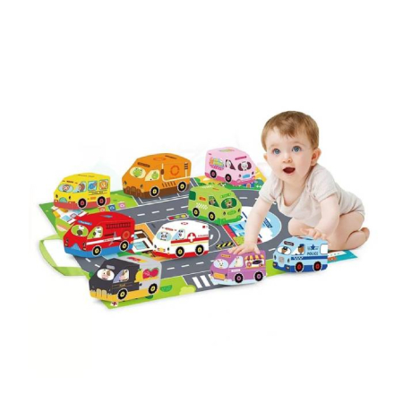 Camera Copilului - Set de 3 mașinuțe textile pentru bebeluși cu covoraș de joacă 46 × 27 cm