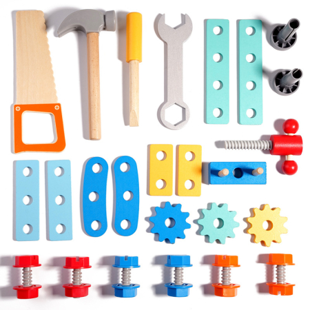 Set de scule din lemn pentru copii 32 piese cu cutie de depozitare și accesorii de construcție [4]