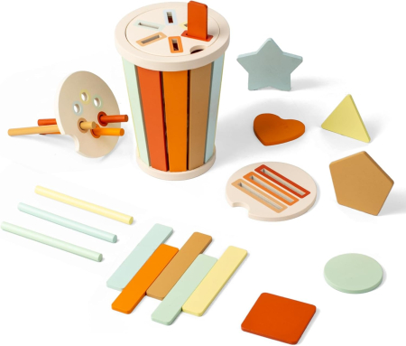 Jucarii din Lemn Natural - Set de sortare forme și culori în pahar – jucărie educativă pastel