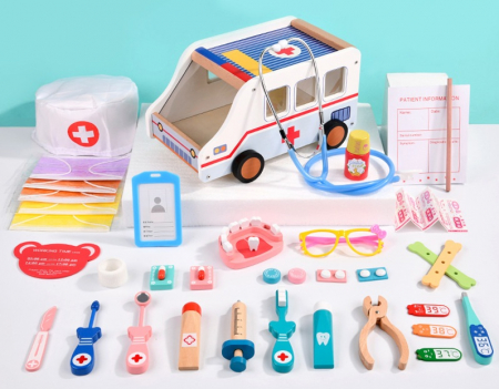 Jucarii educative - Set doctor si dentist din lemn cu ambulanta educativa copii 3 ani+