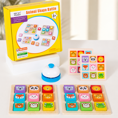 Jucarii din Lemn Natural - Set educativ din lemn cu animale, forme geometrice și sonerie