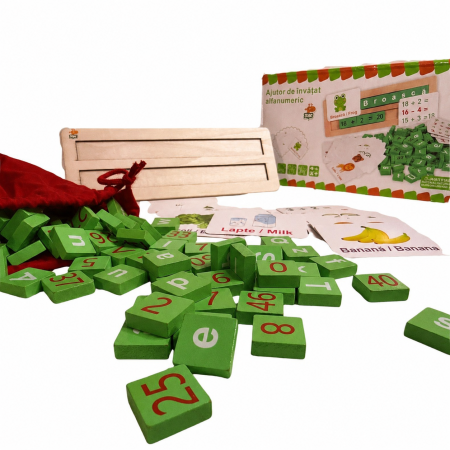 6–8 ani - Set educativ din lemn cu litere si cifre - limba romana si engleza - joc aritmetic si lingvistic